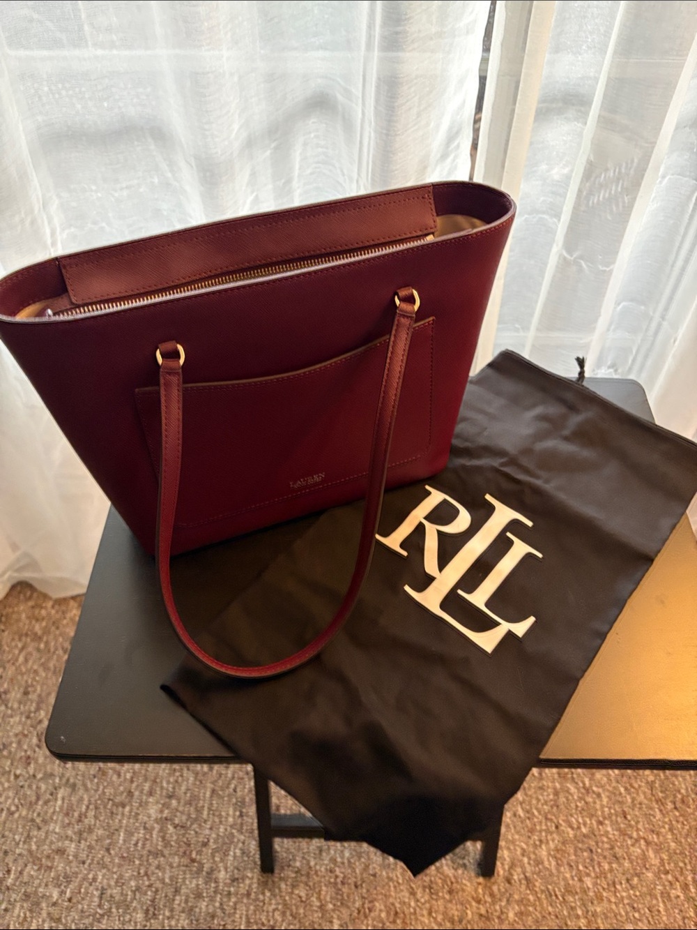 Ralph Lauren Wine Leather Tote with Front Pocket
